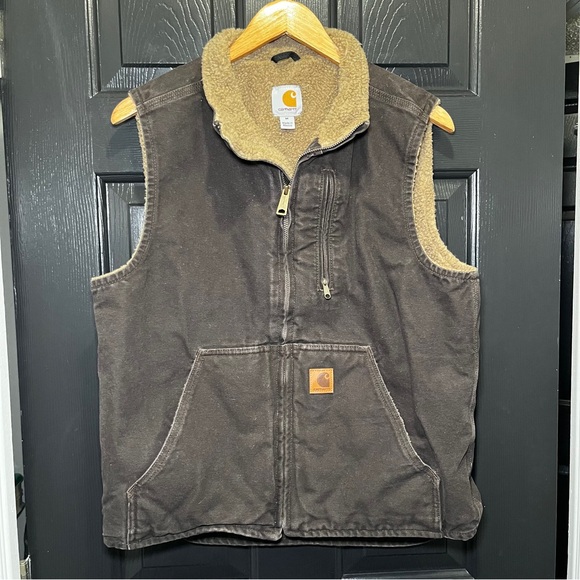 Carhartt Sherpa Lined Duck Canvas Vest Mens Sz Med Dark Brown Workwear V33 DKB - Picture 1 of 6